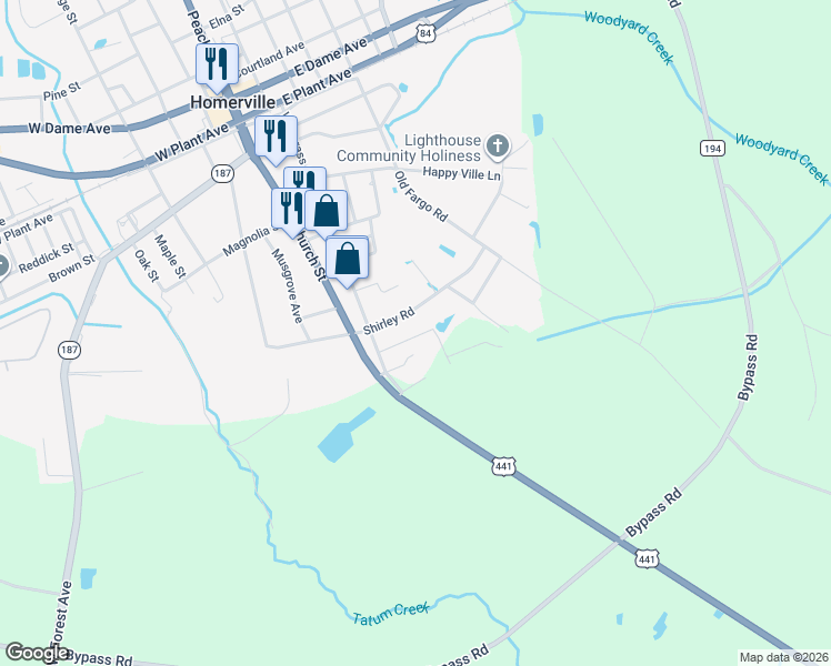 map of restaurants, bars, coffee shops, grocery stores, and more near 87 Kight Street in Homerville