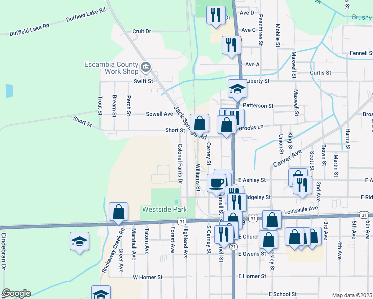 map of restaurants, bars, coffee shops, grocery stores, and more near 243 Wilson Avenue in Atmore