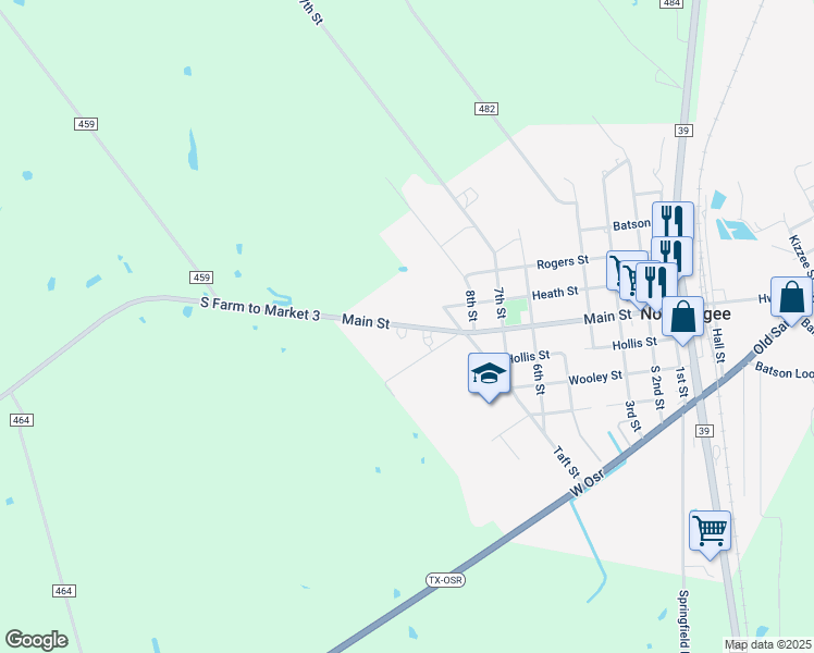 map of restaurants, bars, coffee shops, grocery stores, and more near 963 Main Street in Normangee