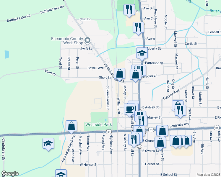 map of restaurants, bars, coffee shops, grocery stores, and more near 243 Wilson Avenue in Atmore