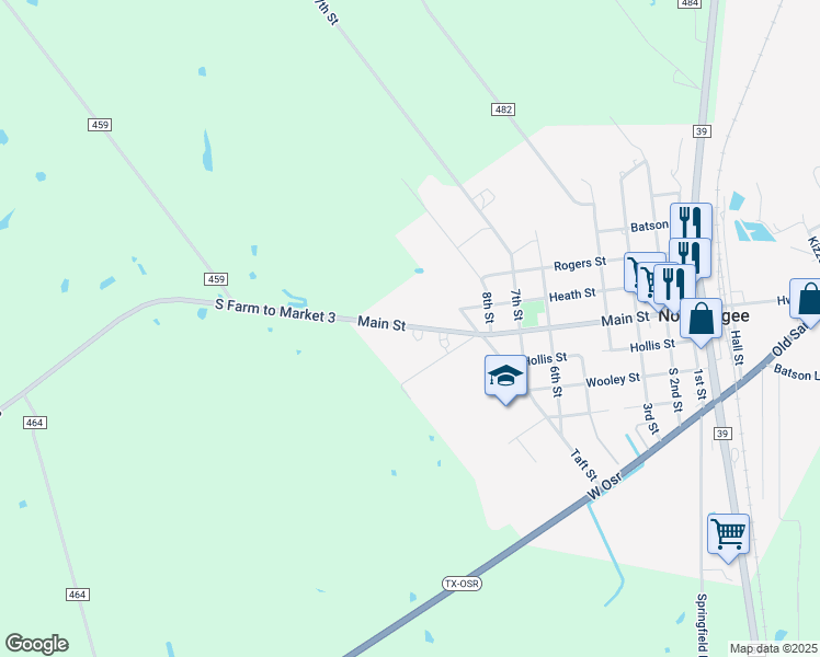 map of restaurants, bars, coffee shops, grocery stores, and more near 963 Main Street in Normangee