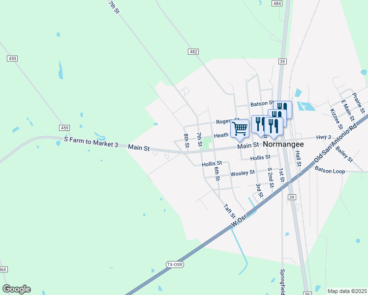 map of restaurants, bars, coffee shops, grocery stores, and more near 721 Main Street in Normangee