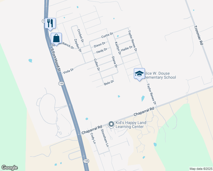 map of restaurants, bars, coffee shops, grocery stores, and more near 302 Belo Drive in Killeen