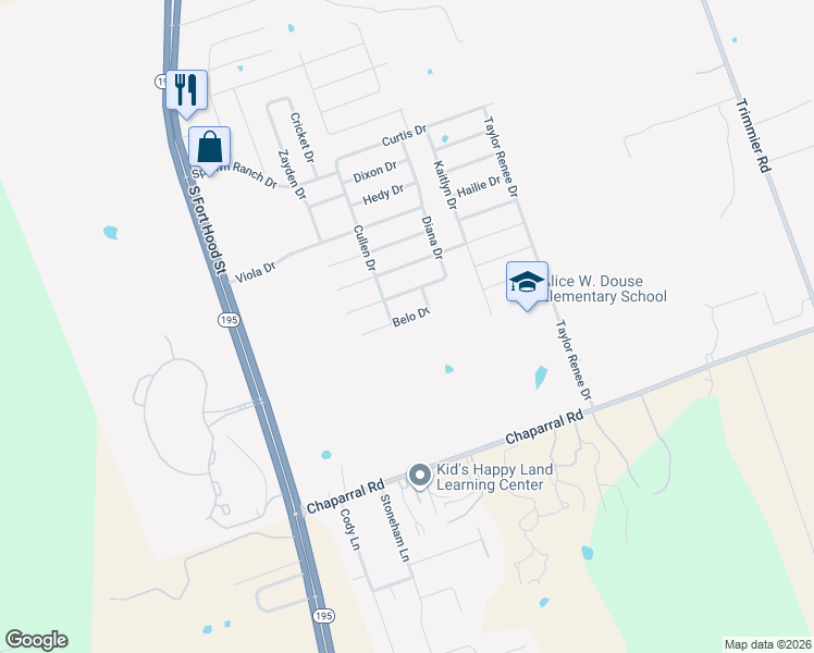 map of restaurants, bars, coffee shops, grocery stores, and more near 302 Belo Drive in Killeen