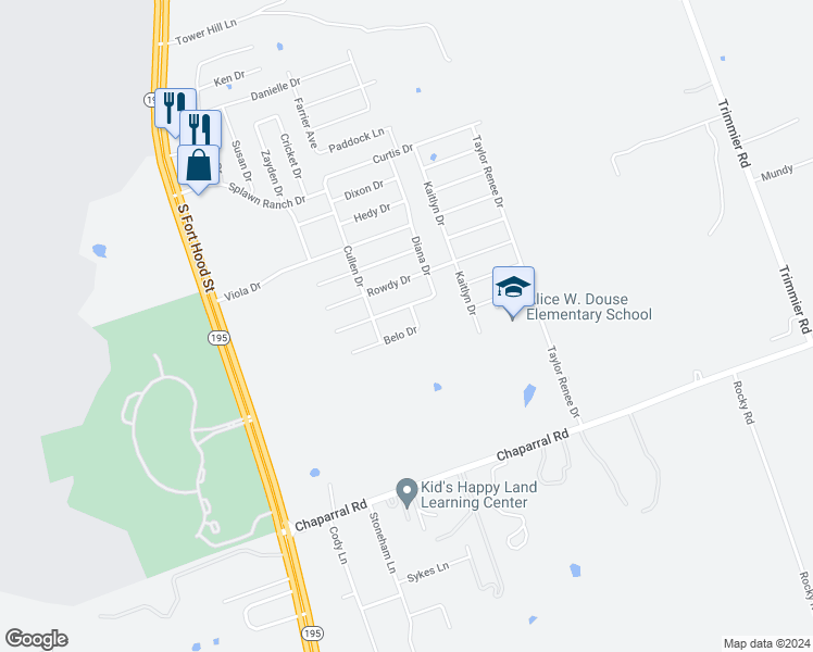 map of restaurants, bars, coffee shops, grocery stores, and more near 309 Belo Drive in Killeen