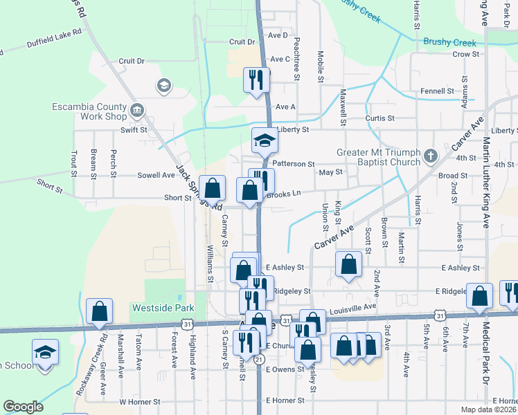 map of restaurants, bars, coffee shops, grocery stores, and more near Howard Street in Atmore