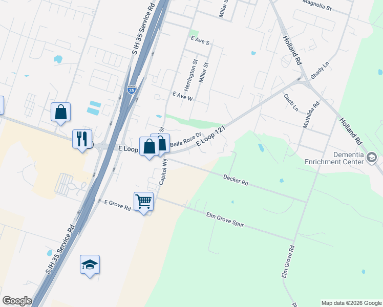map of restaurants, bars, coffee shops, grocery stores, and more near 500 North Loop 121 in Belton