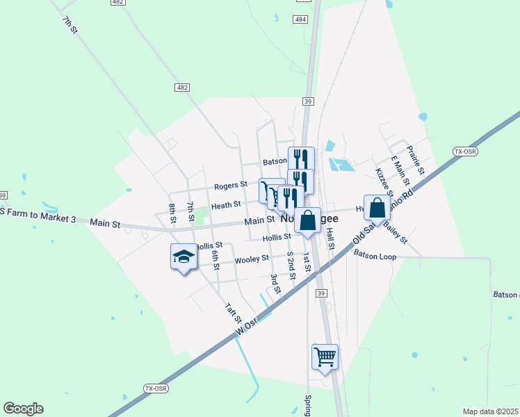 map of restaurants, bars, coffee shops, grocery stores, and more near 207 Heath Street in Normangee