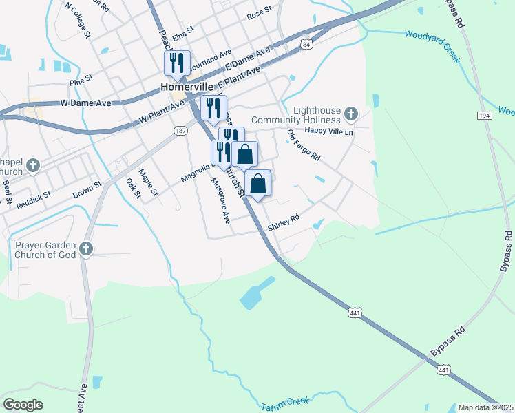 map of restaurants, bars, coffee shops, grocery stores, and more near 471 South Church Street in Homerville