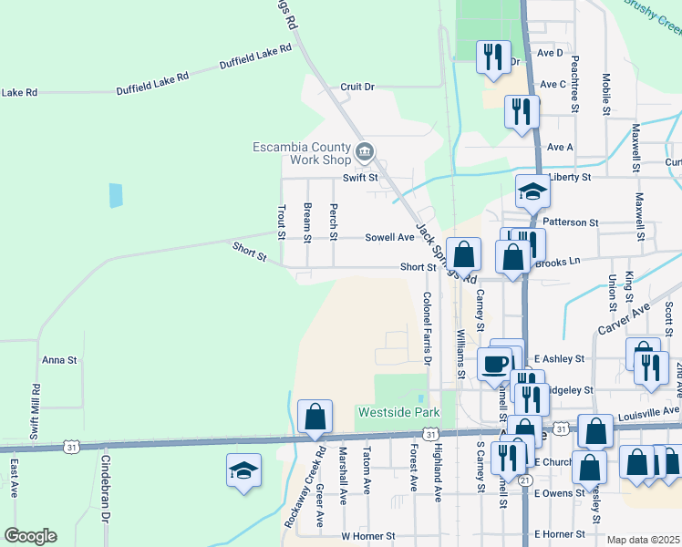 map of restaurants, bars, coffee shops, grocery stores, and more near 131 Short Street in Atmore