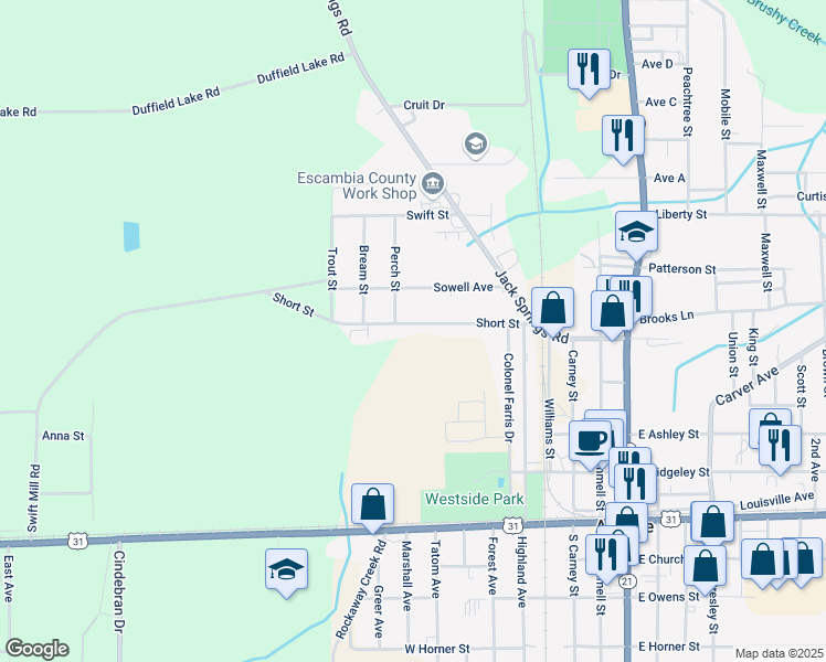 map of restaurants, bars, coffee shops, grocery stores, and more near 131 Short Street in Atmore