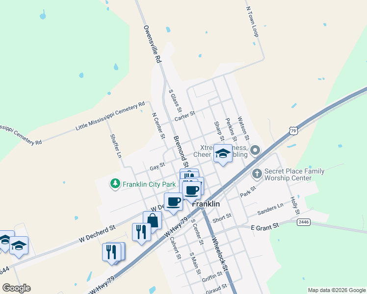 map of restaurants, bars, coffee shops, grocery stores, and more near 703 Bremond Street in Franklin