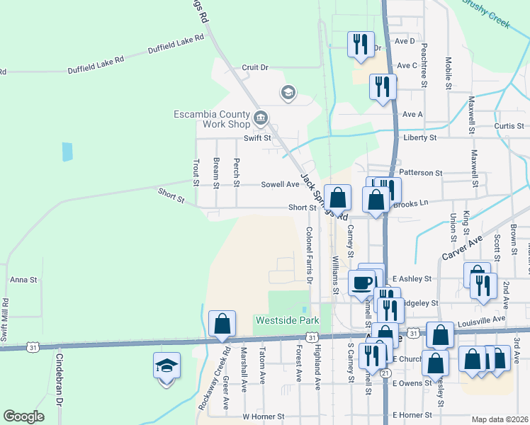 map of restaurants, bars, coffee shops, grocery stores, and more near 123 Short Street in Atmore