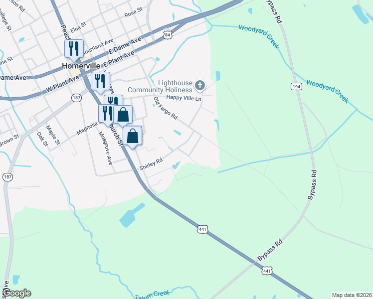 map of restaurants, bars, coffee shops, grocery stores, and more near 250 Shirley Road in Homerville