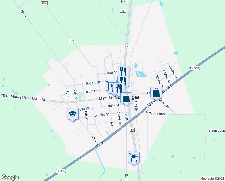 map of restaurants, bars, coffee shops, grocery stores, and more near 207 Heath Street in Normangee