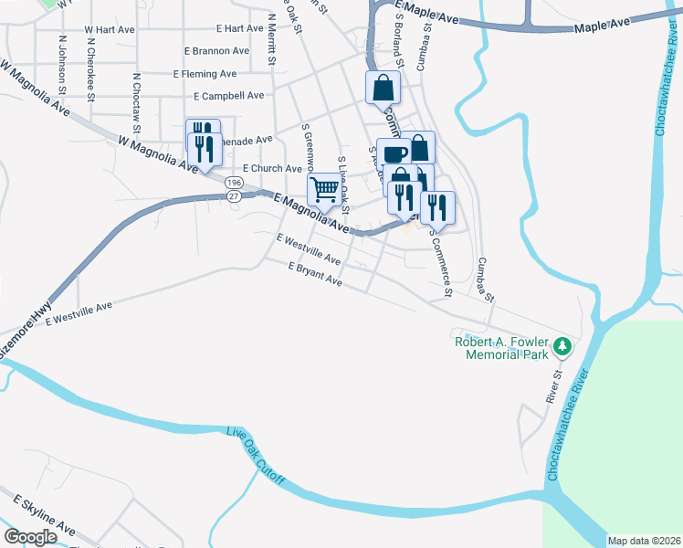 map of restaurants, bars, coffee shops, grocery stores, and more near South Live Oak Street in Geneva