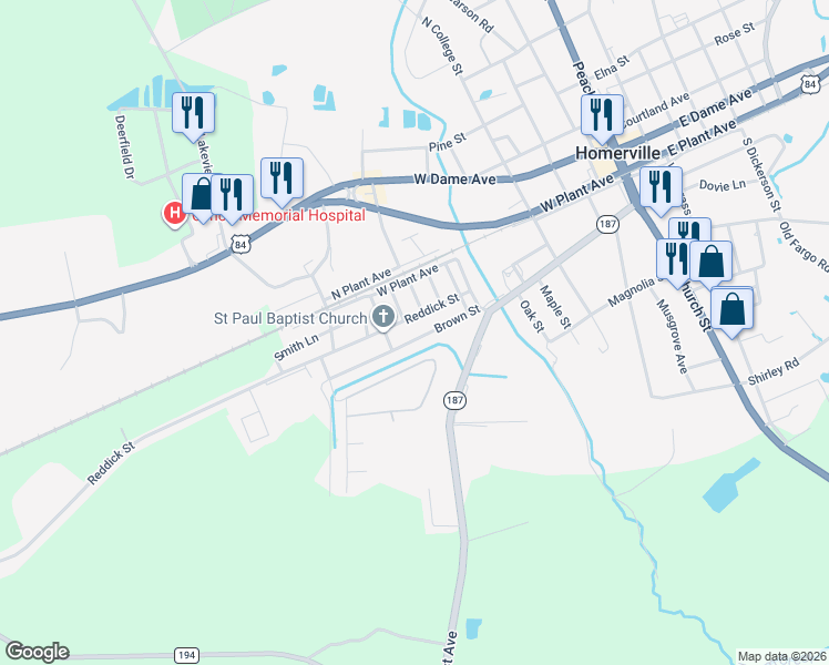 map of restaurants, bars, coffee shops, grocery stores, and more near 158 Brown Street in Homerville