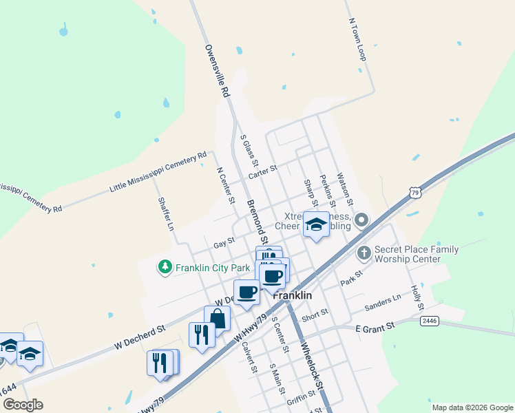 map of restaurants, bars, coffee shops, grocery stores, and more near 703 Bremond Street in Franklin