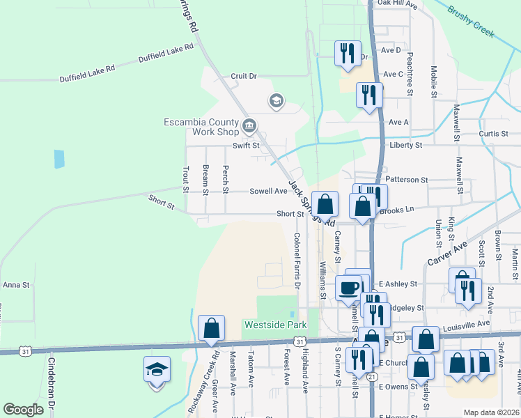 map of restaurants, bars, coffee shops, grocery stores, and more near 123 Short Street in Atmore