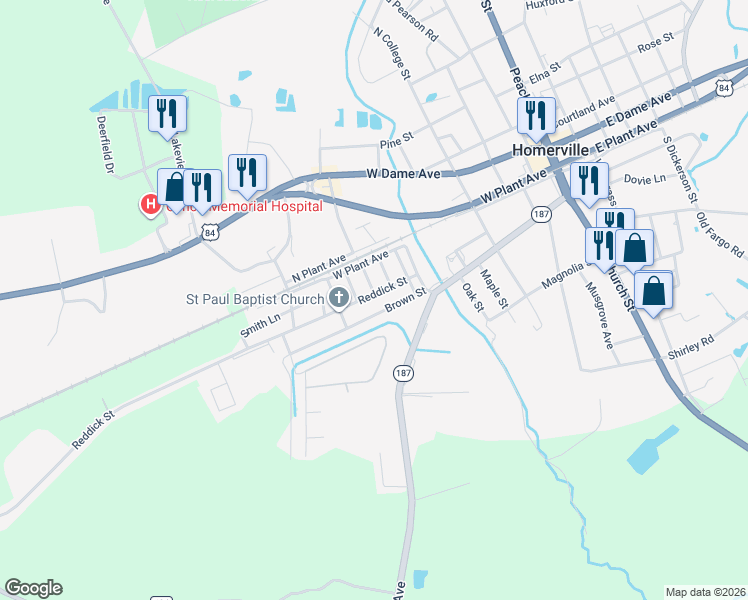 map of restaurants, bars, coffee shops, grocery stores, and more near 158 Brown Street in Homerville