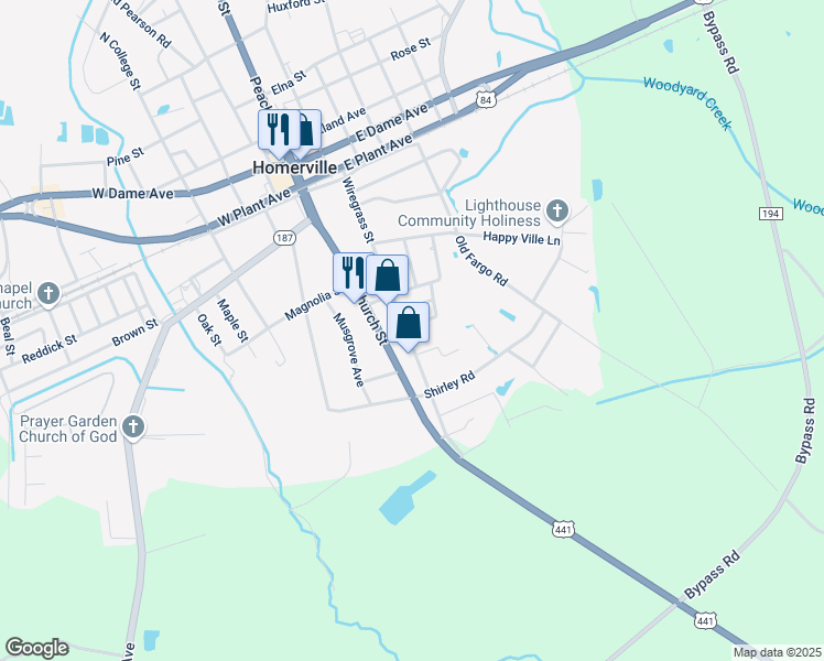 map of restaurants, bars, coffee shops, grocery stores, and more near 471 South Church Street in Homerville