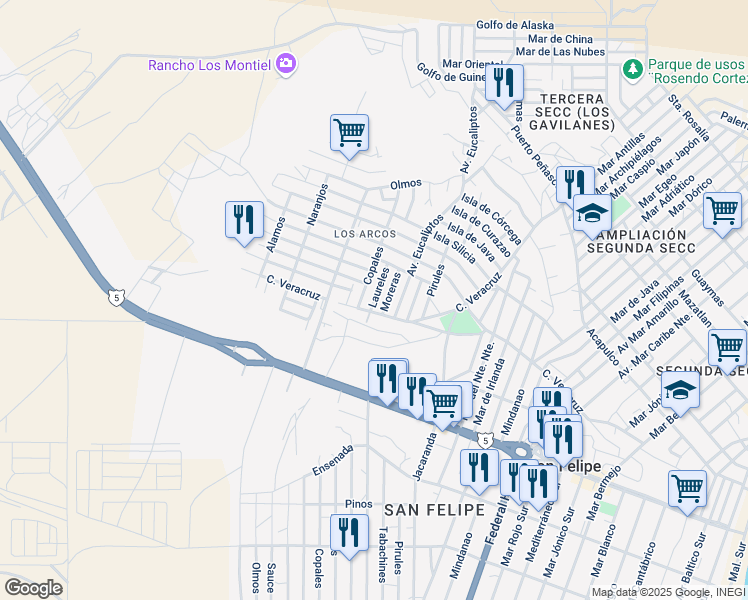 map of restaurants, bars, coffee shops, grocery stores, and more near 164 Laureles in San Felipe