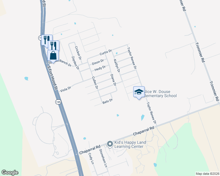 map of restaurants, bars, coffee shops, grocery stores, and more near 402 Sandra Sue Drive in Killeen