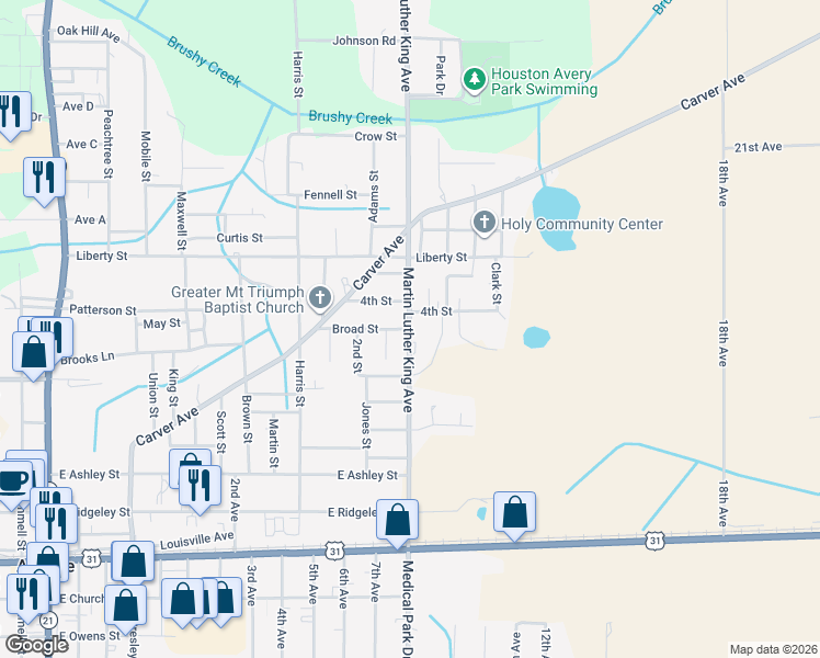 map of restaurants, bars, coffee shops, grocery stores, and more near 8th Avenue in Atmore