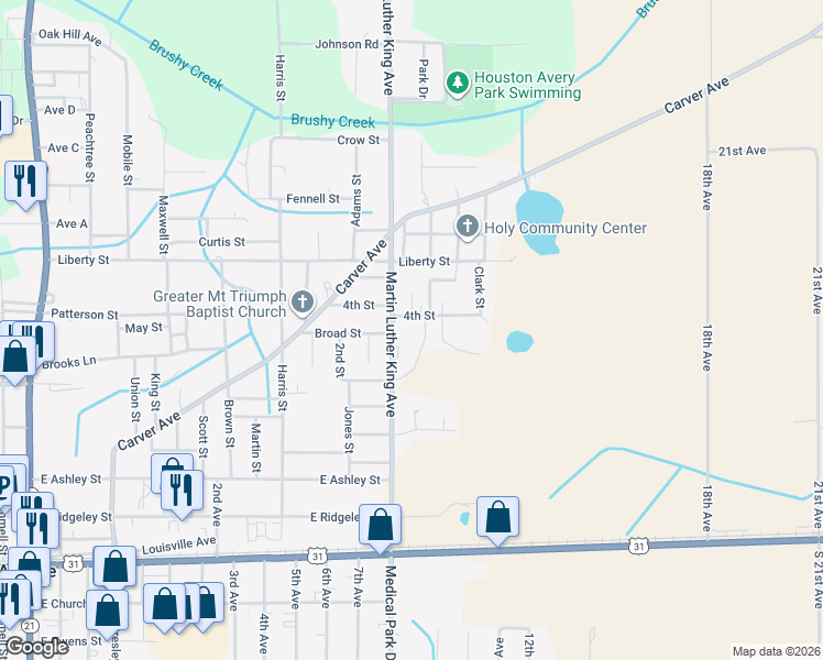 map of restaurants, bars, coffee shops, grocery stores, and more near 100 Martin Luther King Avenue in Atmore