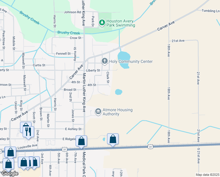 map of restaurants, bars, coffee shops, grocery stores, and more near 322 4th Street in Atmore