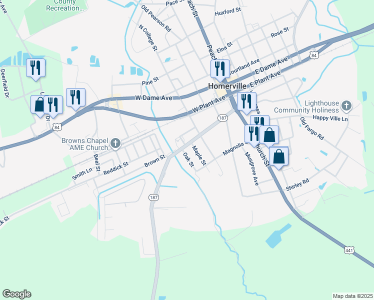 map of restaurants, bars, coffee shops, grocery stores, and more near 325 West Forest Avenue in Homerville