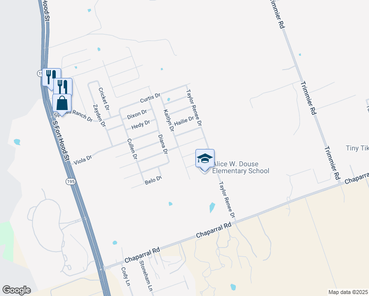 map of restaurants, bars, coffee shops, grocery stores, and more near 606 Rowdy Drive in Killeen