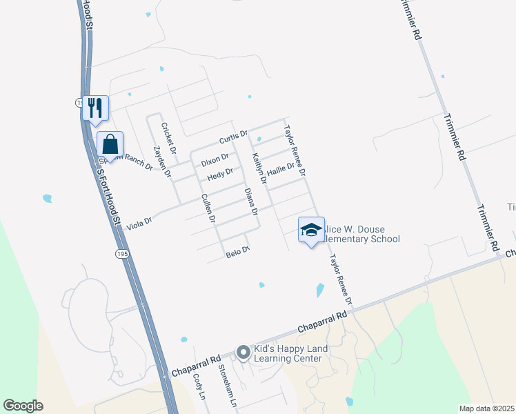 map of restaurants, bars, coffee shops, grocery stores, and more near 9802 Diana Drive in Killeen