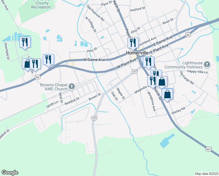 map of restaurants, bars, coffee shops, grocery stores, and more near 334 West Forest Avenue in Homerville