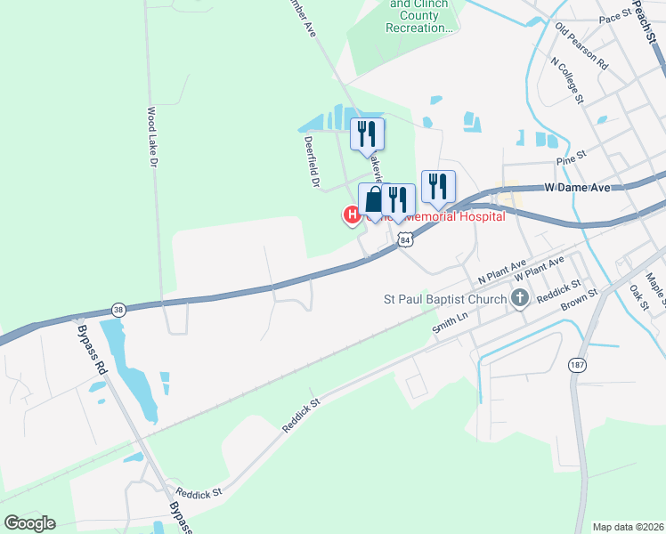 map of restaurants, bars, coffee shops, grocery stores, and more near 1120 Georgia 38 in Homerville