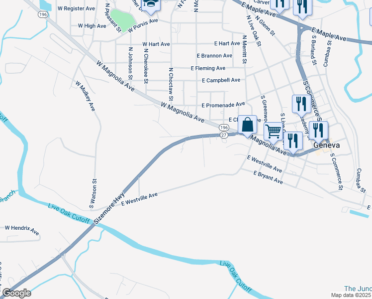 map of restaurants, bars, coffee shops, grocery stores, and more near 207 South Morris Street in Geneva
