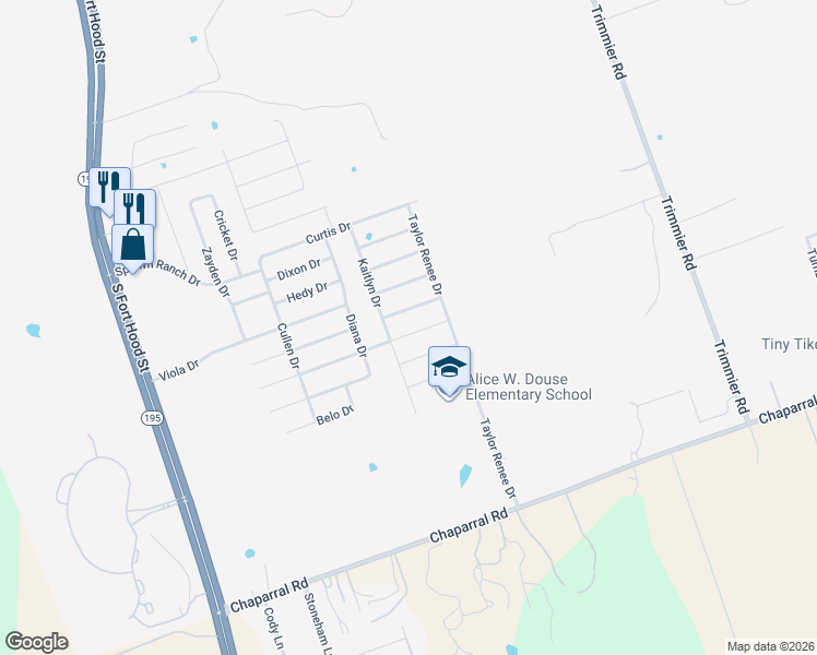 map of restaurants, bars, coffee shops, grocery stores, and more near 611 Rowdy Drive in Killeen