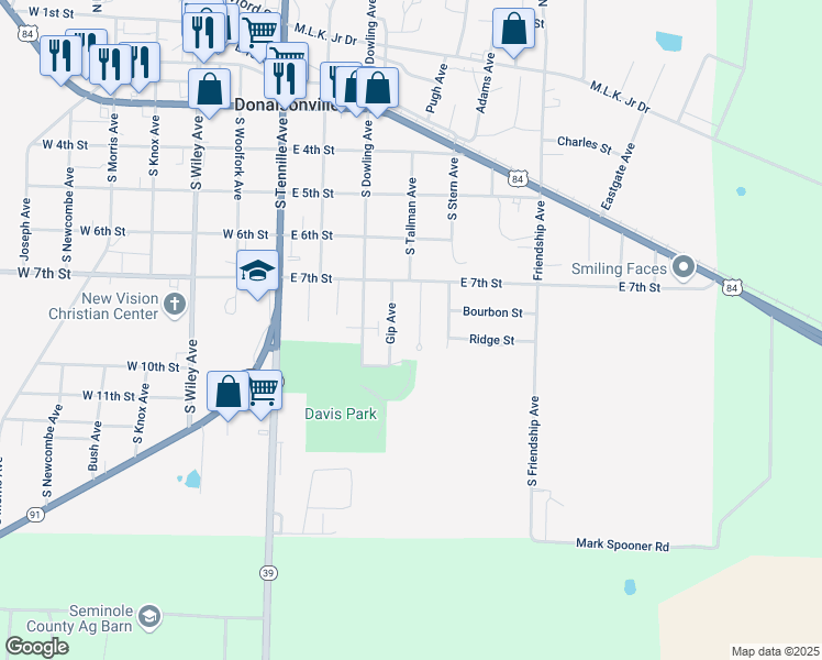 map of restaurants, bars, coffee shops, grocery stores, and more near 707 Gip Avenue in Donalsonville