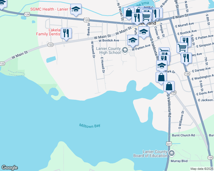 map of restaurants, bars, coffee shops, grocery stores, and more near 73 East Howell Drive in Lakeland
