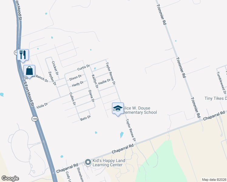 map of restaurants, bars, coffee shops, grocery stores, and more near 9800 Taylor Renee Drive in Killeen