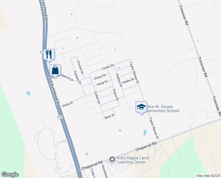 map of restaurants, bars, coffee shops, grocery stores, and more near 407 Viola Drive in Killeen
