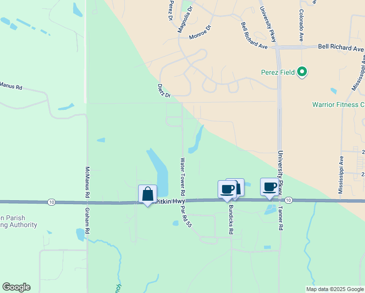 map of restaurants, bars, coffee shops, grocery stores, and more near Water Tower Road in Leesville