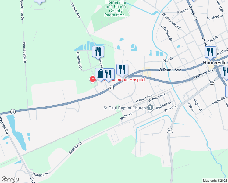 map of restaurants, bars, coffee shops, grocery stores, and more near State Highway 38 in Homerville
