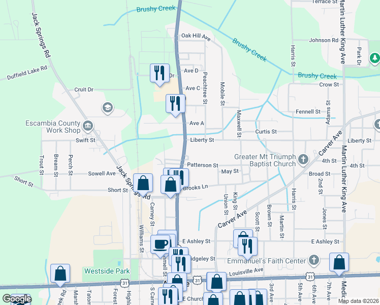 map of restaurants, bars, coffee shops, grocery stores, and more near 16 Liberty Street in Atmore