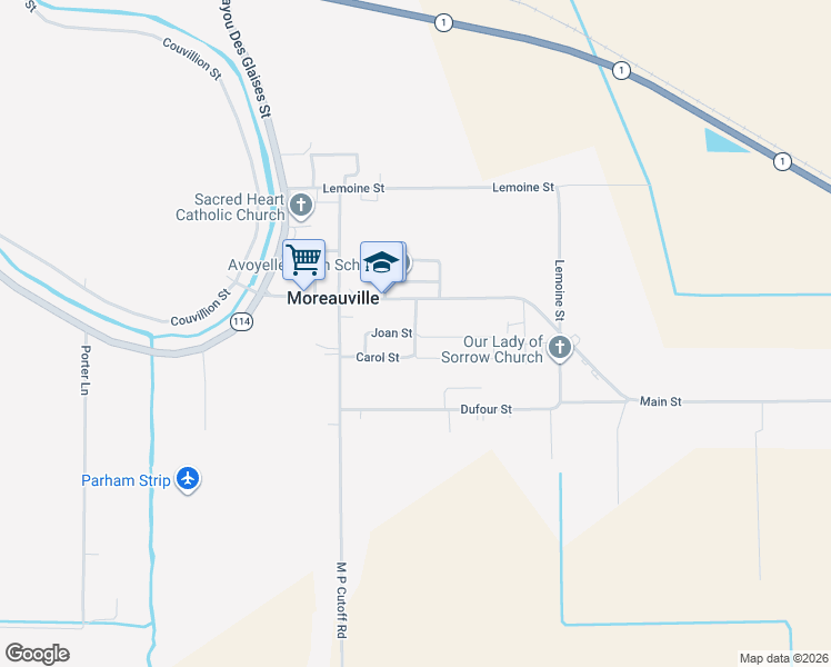 map of restaurants, bars, coffee shops, grocery stores, and more near 301 Michael Drive in Moreauville