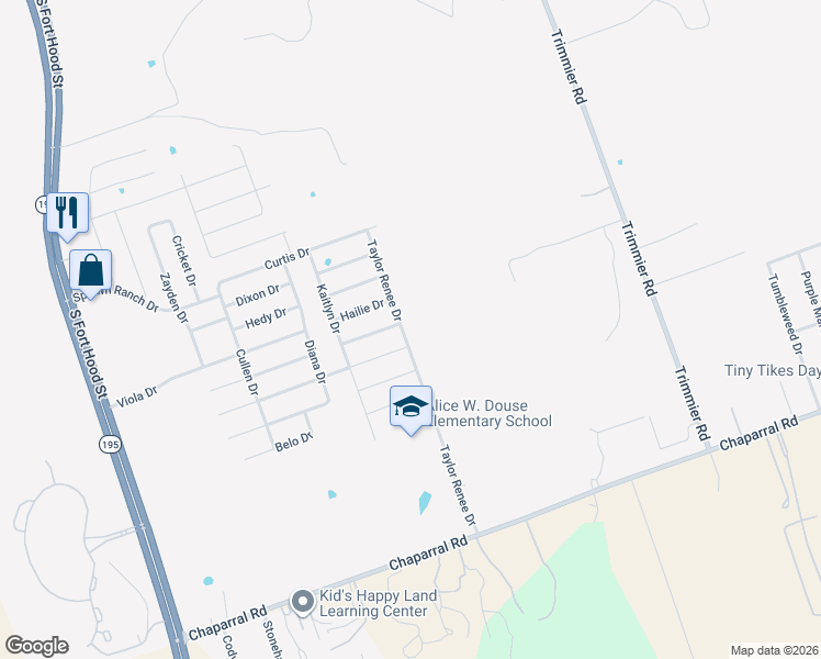 map of restaurants, bars, coffee shops, grocery stores, and more near 9800 Taylor Renee Drive in Killeen
