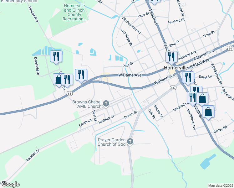 map of restaurants, bars, coffee shops, grocery stores, and more near 31 Washington Circle in Homerville