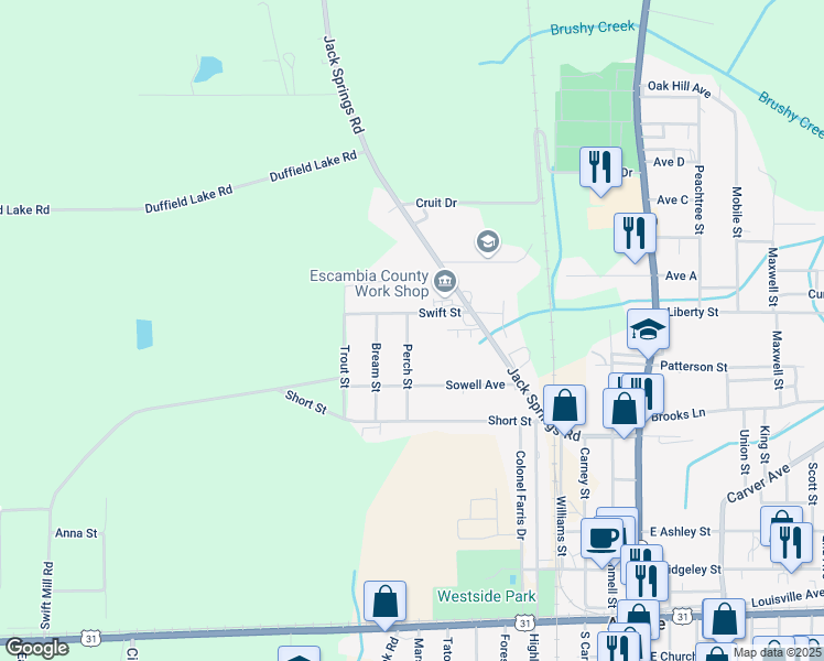 map of restaurants, bars, coffee shops, grocery stores, and more near 612 Perch Street in Atmore