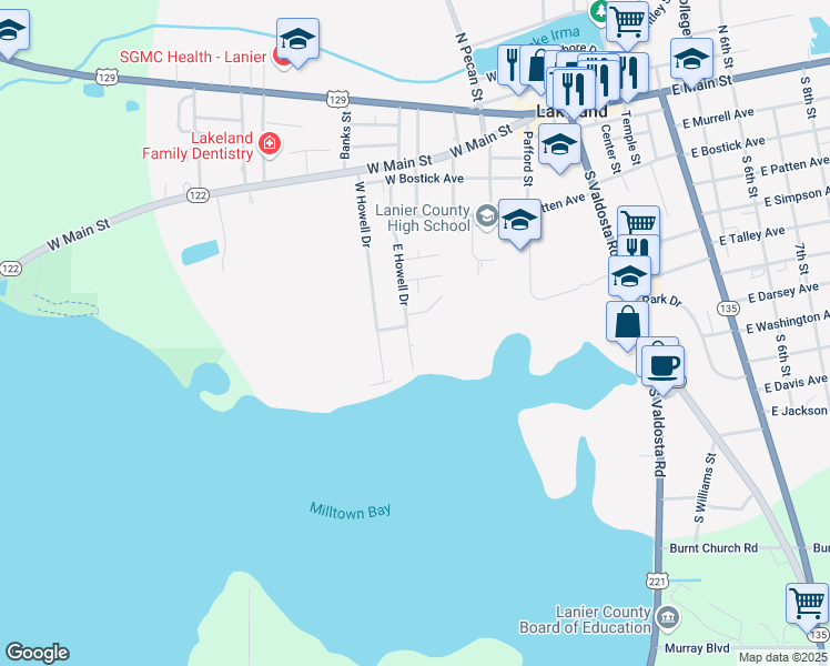 map of restaurants, bars, coffee shops, grocery stores, and more near 73 East Howell Drive in Lakeland
