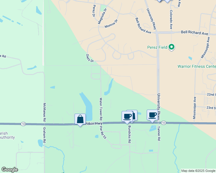 map of restaurants, bars, coffee shops, grocery stores, and more near Water Tower Road in Leesville